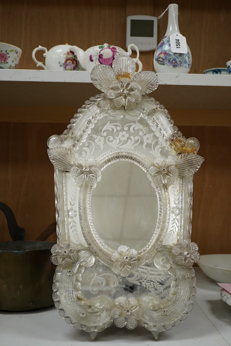 A Venetian glass easel mirror with applied glass flowers, 53cm high